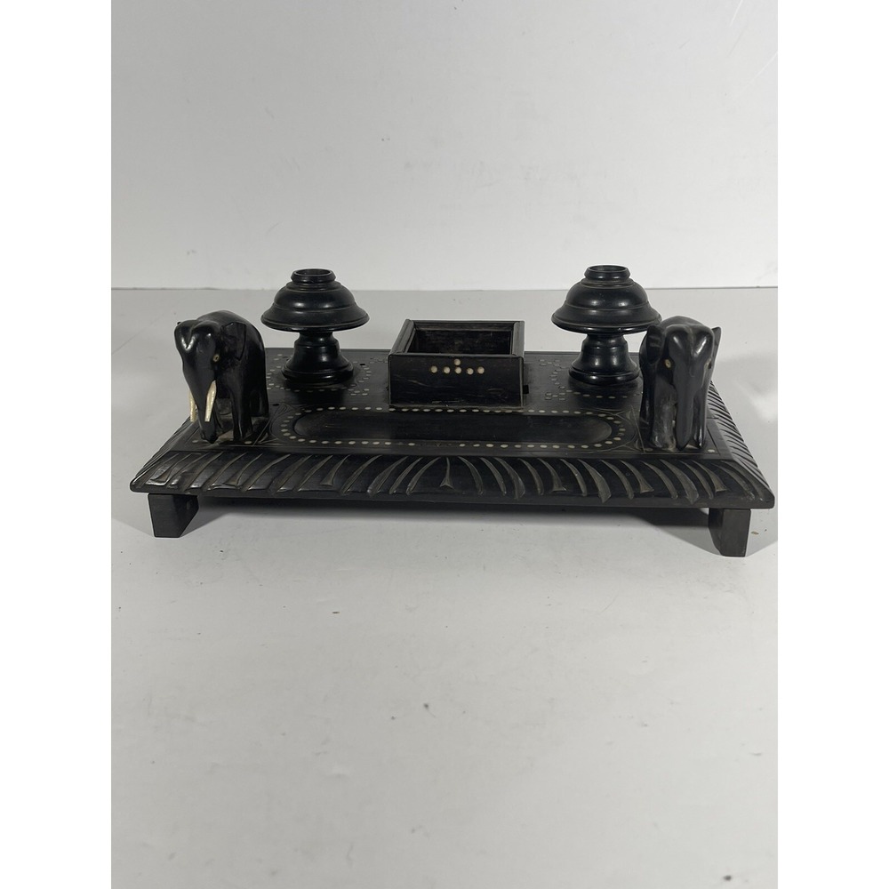 Antique Indian Wooden Desk Inkwell With Carved Elephants Gorgeous Pls Check Pict